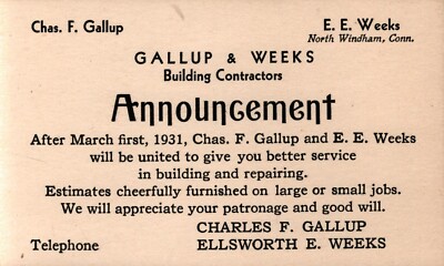 1931  North Windham  Connecticut  Gallup & Weeks Building Contractors   5'' x 3''