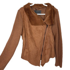 Cisono Cavalini Ribbed Knit Faux Fur Leather Sweater Jacket Zipper Medium Brown
