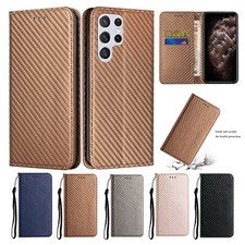 For Samsung S25 S23 S24 S22 A14 A54 5G Magnetic Carbon Fiber Leather Wallet Case