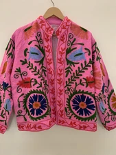 Pink Hand Embroidered Cotton Canvas Suzani Jacket | Suzani Short Jacket