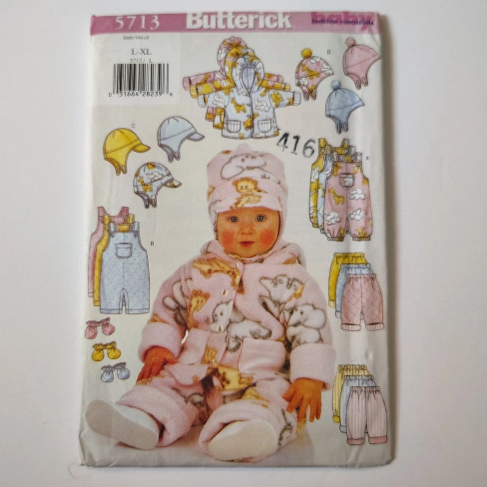 UNCUT Vtg Infant Baby Jacket Overall Pants Hat Sewing Pattern Butterick 5713 - Image 2 of 4