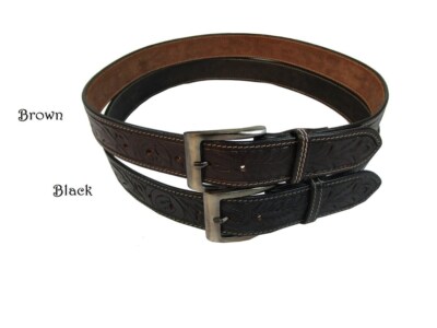 Leather Belt Floral Tooled Men Women Work Casual Office Uniform Belts