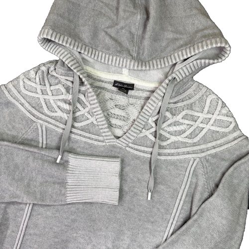Eddie Bauer Hoodie Women Medium Gray Sweater Celtic Cable Yoke Ribbed Cottage