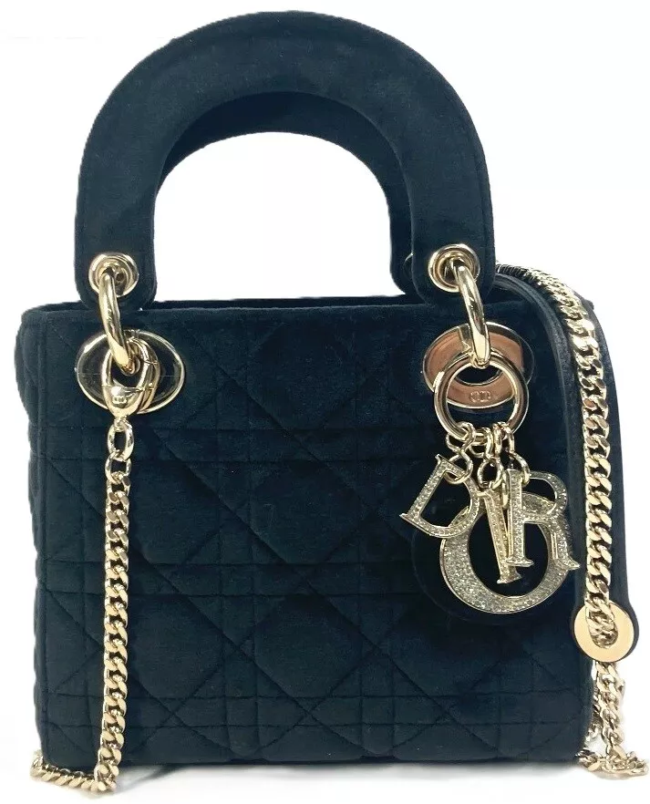 Mini sac chaîne Dior Lady Dior, cannage, strass, 2 voies, velours/cuir