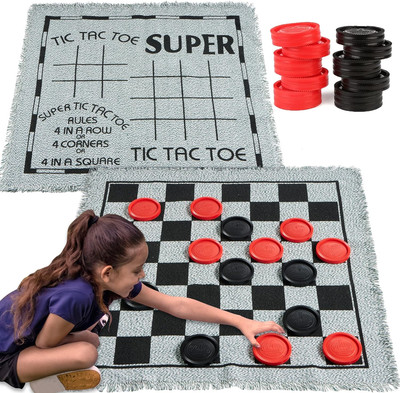 3-In-1 Vintage Giant Checkers, Tic, Tac, Toe, with Reversible Mat, 24 Chips, Fam