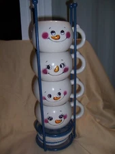 Snowman Face coffee/hot chocolate cup with Snowflake Coasters Stackable Rack