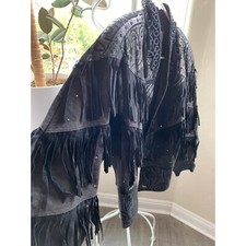 Rare Donna Hsu Vtg Fringe 90s Jean Jacket Denim Black Medium Bling Moto 6681
