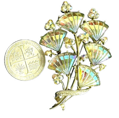 Stunning Vintage CORO Pegasus Rhinestone & Fan Shaped Iridescent Stone Brooch