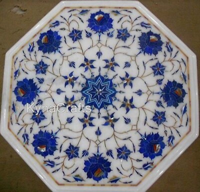 Octagon White Marble Coffee Table Top Lapis Lazuli Stone Inlay Work Indoor Table