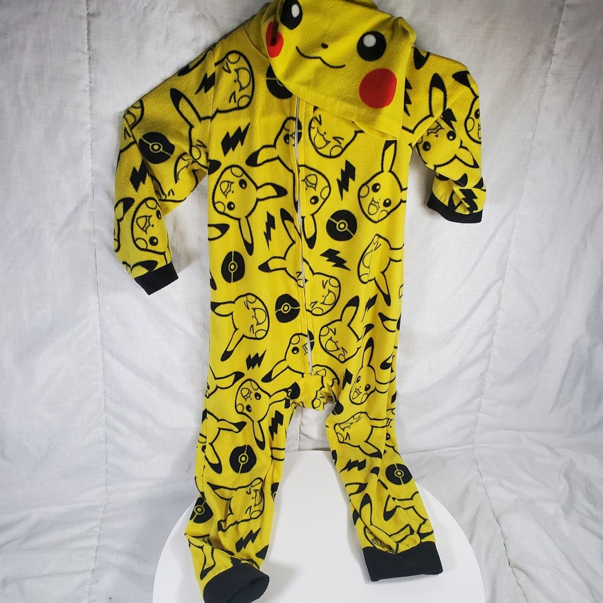 Pokemon Pikachu Jumpsuit Pajamas One Piece Fleece Full Zip Hooded Boys XS  4/5