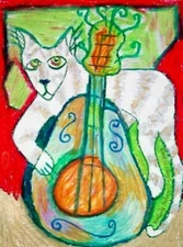 Cat Playing Guitar Folk Art Print 8 x 10 Vintage Style Signed by Artist KSams