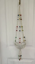 Vintage Beaded Plant Hanger White Faceted Plastic Flowers 70'S Boho Retro