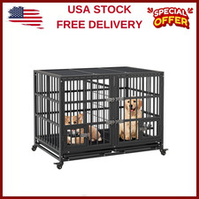 42" Heavy Duty Dog Crate,Large Metal Dog Kennel W/Removable Tray,Lockable Wheels