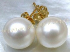 Perfect Round Genuine Natural White South Sea Pearl Stud Earring 14K Yellow Gold