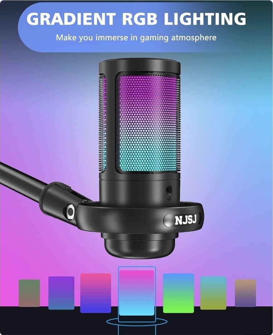 NJSJ USB Microphone for PC, RGB Gaming Mic with Mute Button, Condenser Microphon