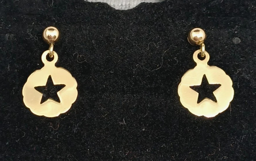 14k  Petite Post Dangle Button Star Circle Earrin… - image 1