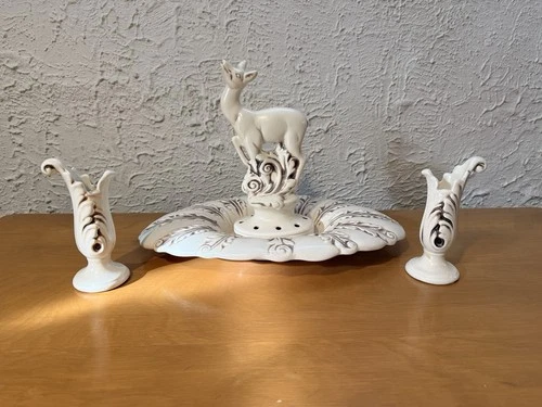 Vintage Red Wing Pottery Deer Flower Frog Console Bowl W/ Candlestick Holders