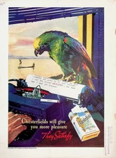 Original 1937 Vintage Print Ad: Ft. Chesterfield Cigarette &Parrot in Typewriter