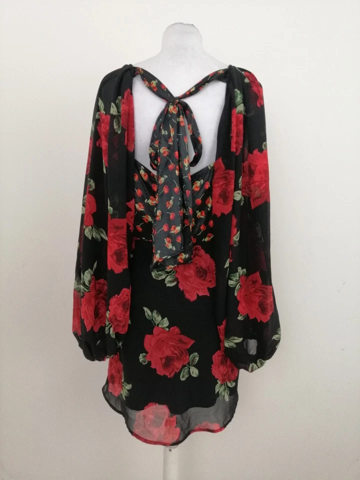 Asos Womens Dress Size 12 Black Floral Plunge Balloon Sleeve Open Back Used F1 — 第 4/4 张图片