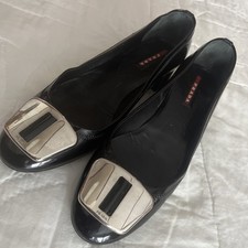 Vintage Prada black Patent leather block-heel pumps silver-toned buckle 38.5/8.5