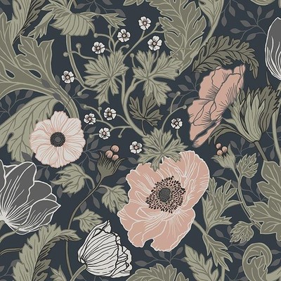 Wallpaper Anemone Navy Floral Scandinavian Arts and Crafts Style, 56 sq ft Bolt