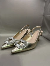 Gold Buckle Rhinestone Heels With Strap Top Moda Worn One Time Size 7