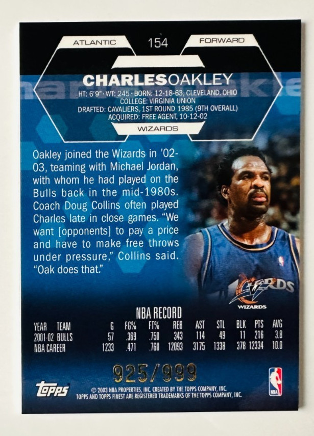 2002-03 Topps Finest Charles Oakley Game Used Jersey Card SP #/999 Wizards! view 2