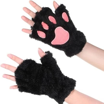 Winter Warm Soft Cat Paw Gloves for Women Half Finger Faux Fur Plush Mittens
