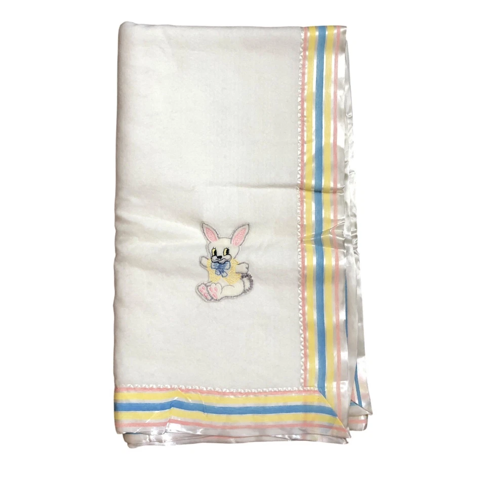 Vintage Baby Blanket White Acrylic Pink Blue Yellow ￼Satin Binding Bunny Unisex - Image 2 of 4