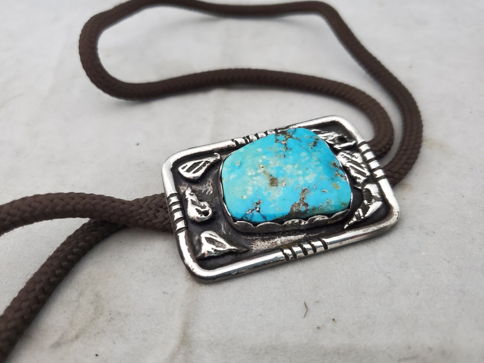 Silver Bolo Tie Rectangle with Large Turquoise & … - image 3