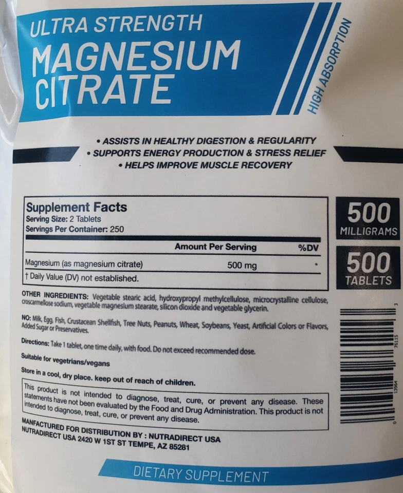 Citrato de magnesio NutraDirect 500 mg - 500 comprimidos CADUCIDAD: MAR 2027 Foto 2 de 2