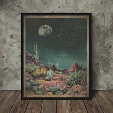 Vintage DESERT MOON Wall Art, Western Celestial Cactus Flower Lunar Star Decor