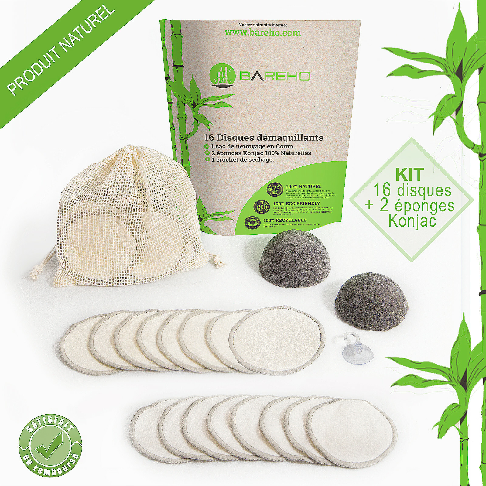 Lingettes démaquillantes lavables bambou réutilisables kit visage 16 pièces et Konjac