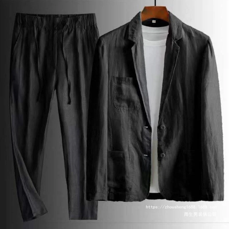 Hombres Verano 2 piezas Traje Chaqueta Algodón Lino Abrigo Pantalones British Delgado Informal Pantalones Foto 2 de 4