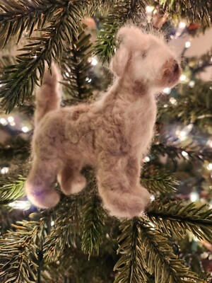 Handmade Felted Wool Doodle Long Hair Bearded Standing Dog Ornament Cream Beige 
