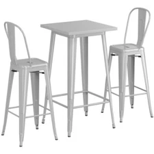 24" Square Silver Metal Restaurant Bar Table Set with 2 Cafe Barstool For Outdoo