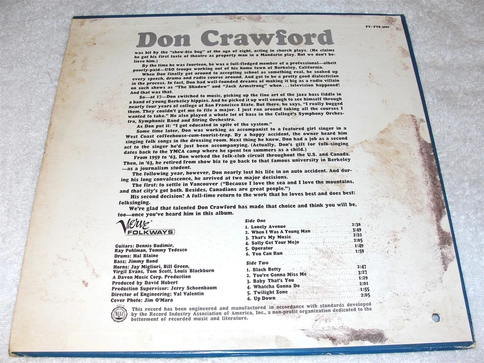 Don Crawford - Self-Titled LP, 1966 Folk LP, VG+, Stereo, Verve-Folkways, Mono Foto 2 de 2