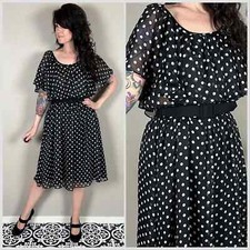 Vintage 1990s Black and White Polka Dot Chiffon Dress - 36" Waist
