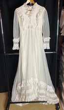 60s 70s Ivory Prairie Bohemian Puff Sleeve Lace Bridal Gown Wedding Dress XS S