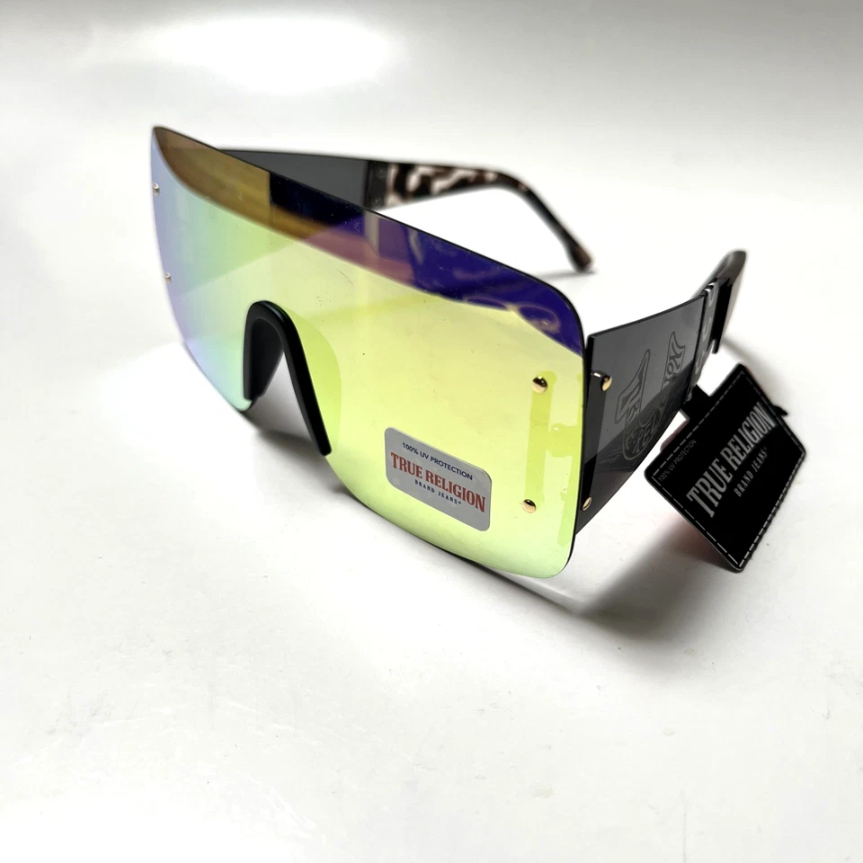 New Original TRUE RELIGION Shield Sunglasses Gold Iridescent Acetate Rimless