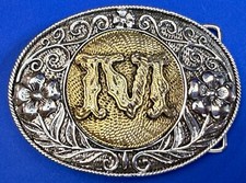 Western Style Custom Initial Letter M Flower Swirl Ornate Two Tone Belt Buckle