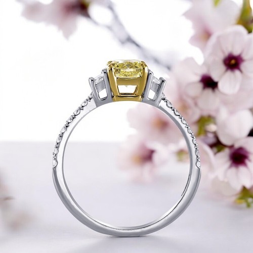14K White Gold Ring Fancy Vivid Yellow 1.70 Ct IGI Lab Grown Cushion Cut Diamond - Imagen 3 de 11