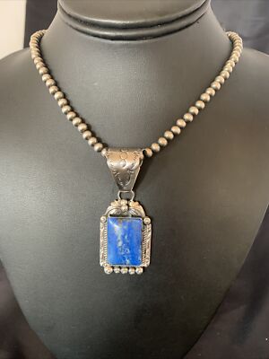 Blue Denim Lapis Pendant Navajo Pearls Sterling Silver Necklace 12440