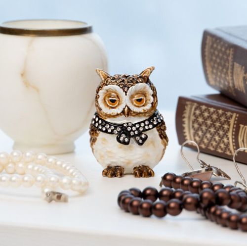 Keren Kopal  Hand made Brown Owl Trinket Box Decorated with Austrian Crystals - Picture 1 of 21