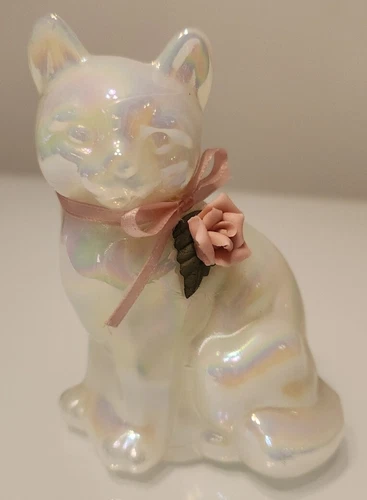 Vintage Fenton Glass Opalescent Iridescent White Cat Signed Figurine