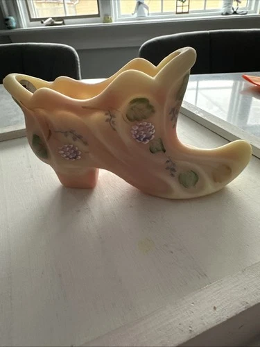 Fenton Burmese Glass Shoe / Boot Hand Painted and Artist Signed w/ Label