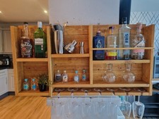 Wall Mounted Drinks Bar | Reclaimed Wood Home Bar Shelf | Hanging Glass Rack