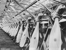 Row of aeroplane propellers in a factory USA circa 1940 Historic Old Photo