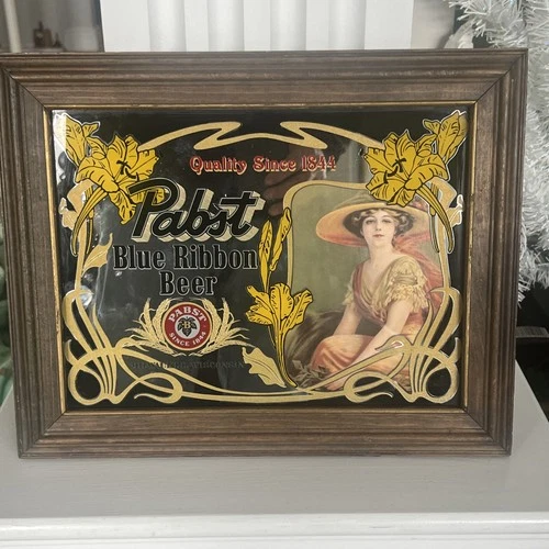 Vintage Pabst Blue Ribbon Beer Advertising Framed Mirror Sign Bar Woman 80’s