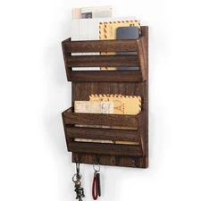 Organizer Wall Mount with Key Hooks, 2-Slot Wood and Key Holder for Wall Orga...
